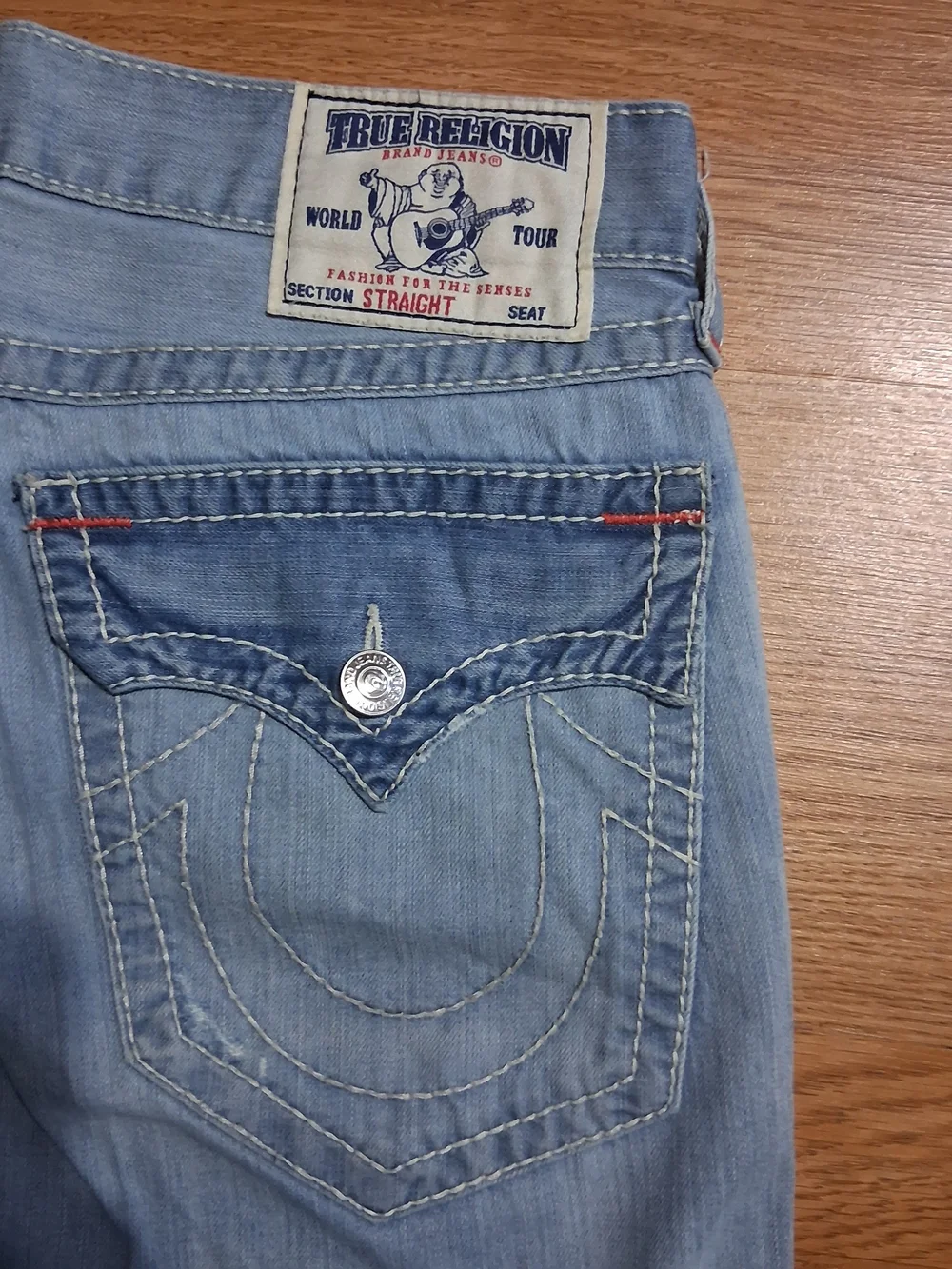 True Religion Light Blue Straight Leg Distressed Jeans